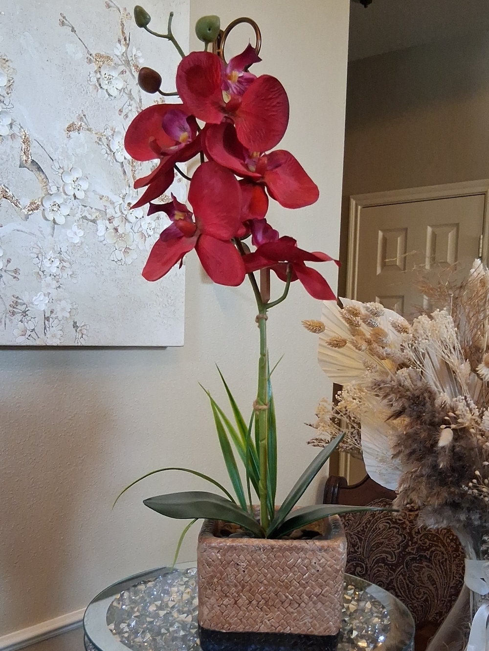 Red Artificial Orchid Plant in Woven Accents Stone Square Pot - Home Decoration